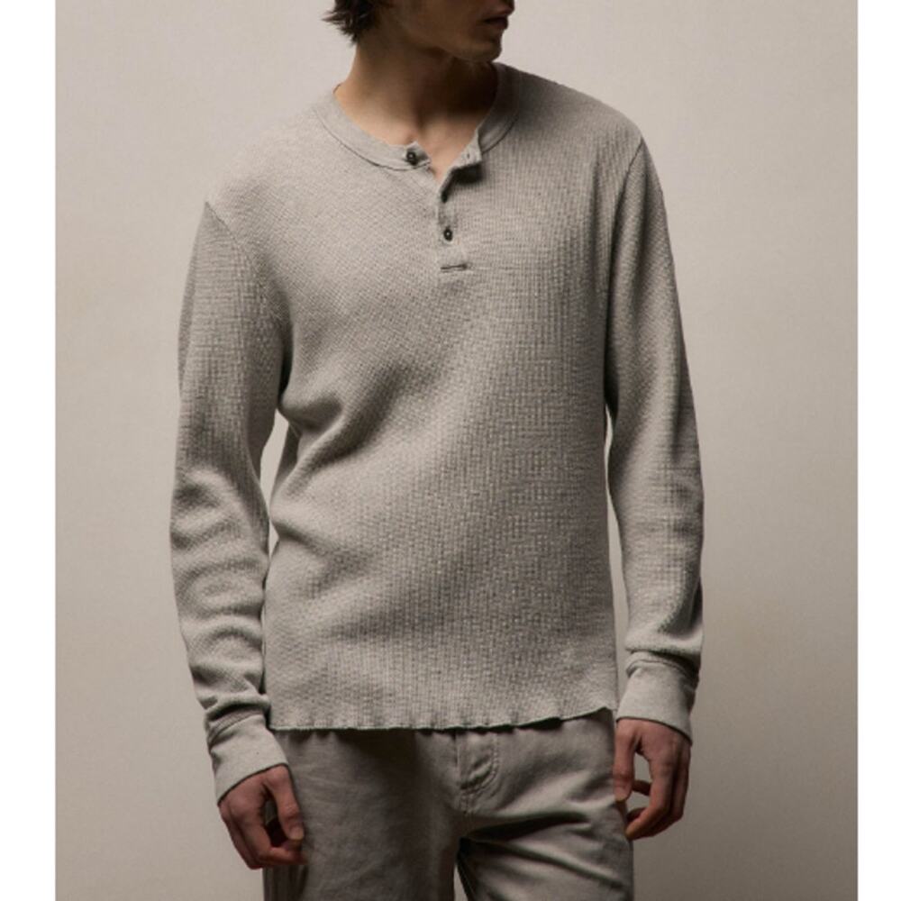 James Perse Men's Heather Fog Cotton Linen Thermal Henley T-Shirt Size 3
